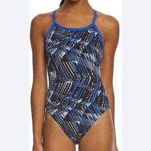 Nike Black and Blue Patterned One-Piece Swimsuit